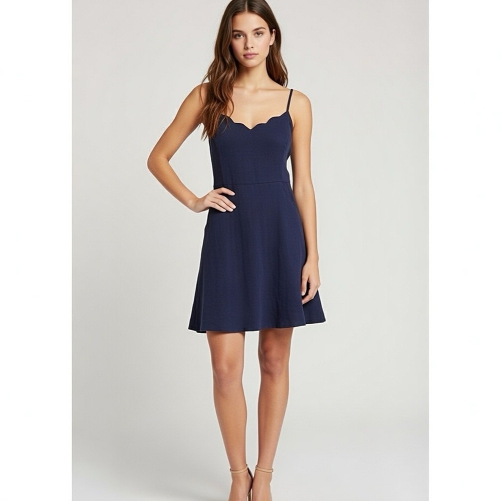 Market & Spruce Blue Denim Chambray Scallop Edge Fit & Flare Mini Dress Junior L